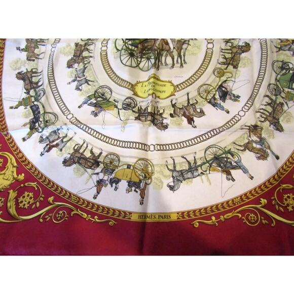HERMES La Promenade De Longchamps Burgundy, Biege & Gold Silk Scarf 90CM - Picture 4 of 7